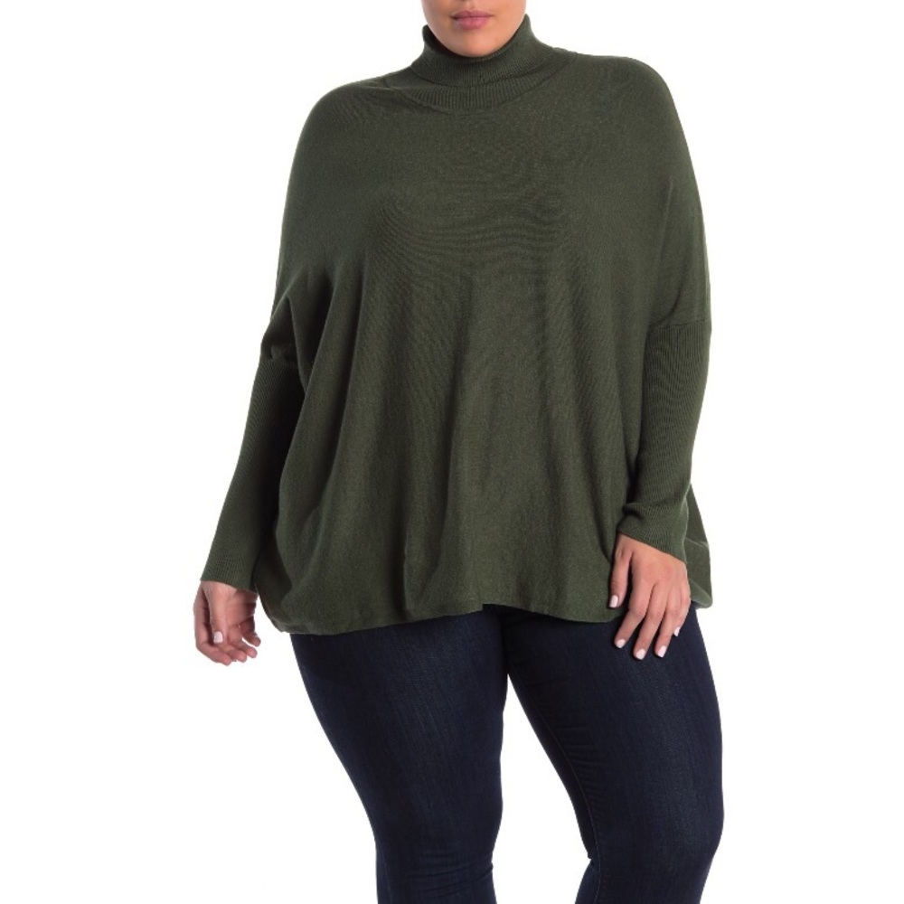 Army Green Turtleneck Poncho Sweater - 2X
